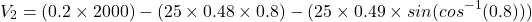 \[V_2 = (0.2 \times 2000) - (25 \times 0.48 \times 0.8) - (25 \times 0.49 \times sin(cos^{-1}(0.8)) ) \]