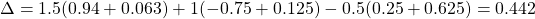 \[\Delta = 1.5(0.94+0.063)+1(-0.75+0.125)-0.5(0.25+0.625) = 0.442 \]