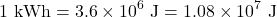 \[1\text{ kWh} = 3.6 \times 10^6\text{ J} = 1.08 \times 10^7\text{ J}\]