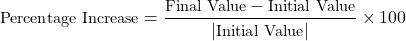\begin{align*}  \small{ \text{Percentage Increase} = \dfrac{\text{Final Value} - \text{Initial Value}}{\left|\text{Initial Value}\right|} \times 100} \end{align*}