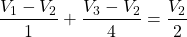 \[\frac{V_1 - V_2}{1} + \frac{V_3 - V_2}{4} = \frac{V_2}{2}\]