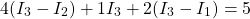\[4(I_3 - I_2) + 1I_3 + 2(I_3 - I_1) = 5 \]