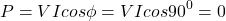 \[ P = VI cos \phi = VI cos 90^0 = 0\]