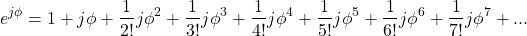 \[ e^{j\phi} = 1 + j \phi + \frac{1}{2!} {j \phi}^2 + \frac{1}{3!} {j \phi}^3 + \frac{1}{4!} {j \phi}^4 + \frac{1}{5!} {j \phi}^5 + \frac{1}{6!} {j \phi}^6 + \frac{1}{7!} {j \phi}^7 + ... \]