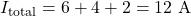 \[I_{\text{total}} = 6 + 4 + 2 = 12\text{ A}\]