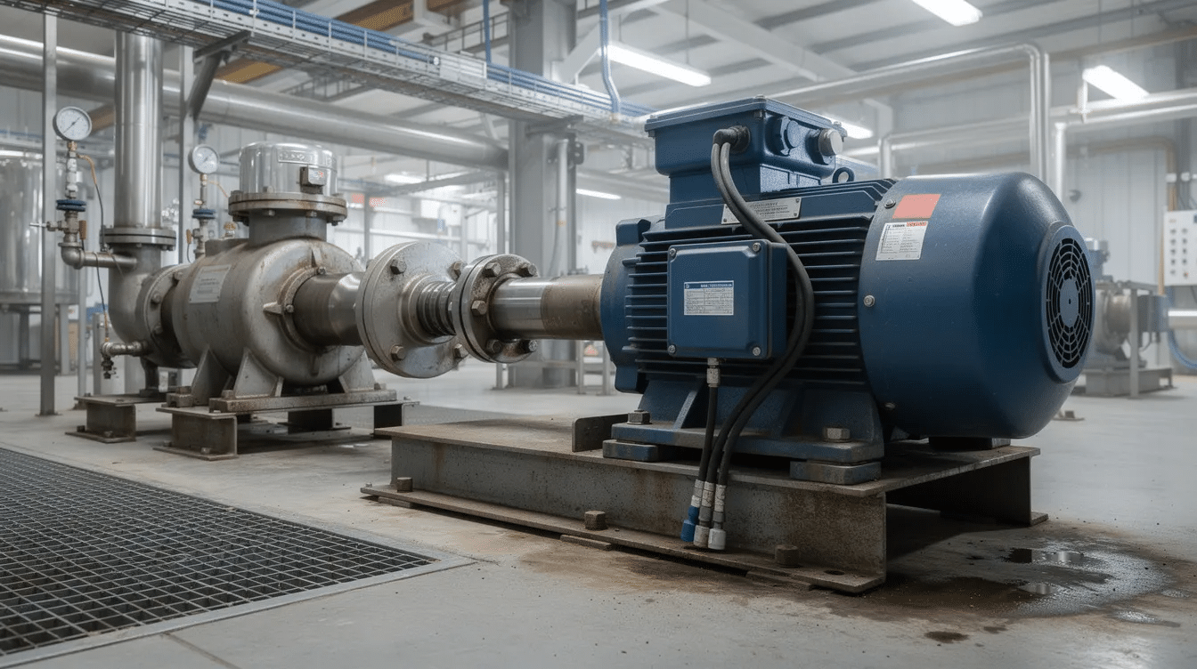 The image shows a large industrial electric motor connected to a pump in a factory setting, illustrating the application of electrical engineering principles in industrial machinery. This setup highlights the critical role of electrical systems in powering equipment and facilitating mechanical motion.