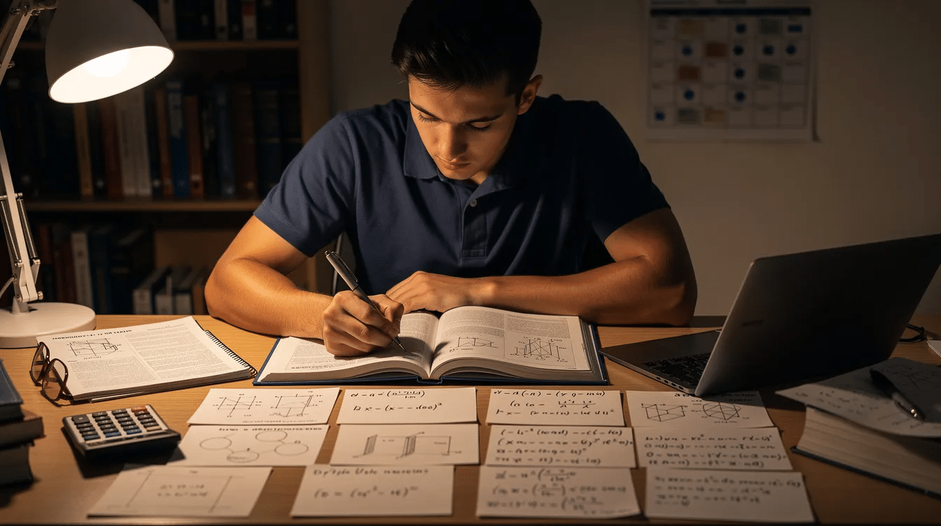 A student is seated at a desk, surrounded by open engineering textbooks and scattered flashcards, deeply engaged in studying concepts related to electrical engineering, such as electric current and circuit design. The scene reflects a focus on mastering essential knowledge for understanding electrical systems and power management.
