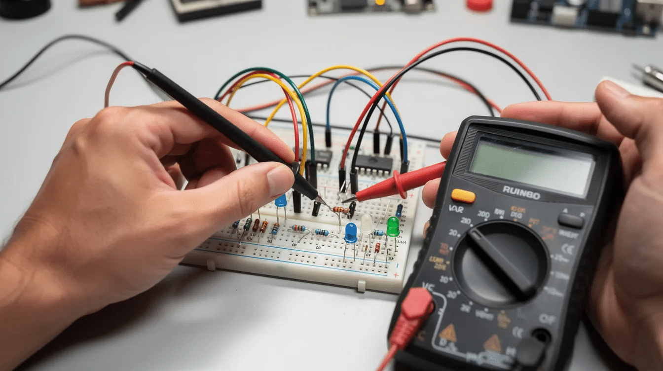 The image depicts hands skillfully using a digital multimeter to probe a breadboard circuit, which is filled with colorful wires and various components. This scene illustrates fundamental concepts of electrical engineering, showcasing practical applications in circuit testing and design.