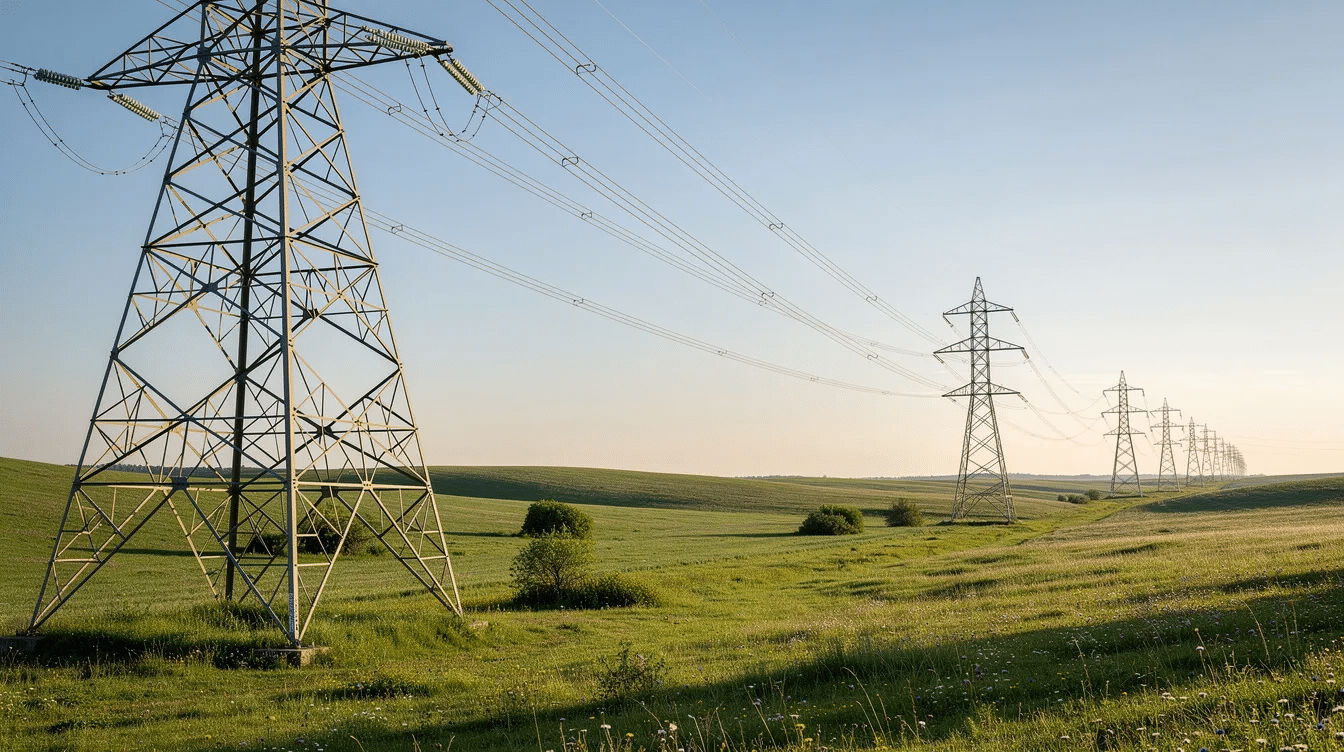 The image depicts tall high-voltage power transmission towers standing prominently against a vibrant green landscape, with a clear blue sky overhead. These structures are essential components of electrical power systems, facilitating the flow of electricity over long distances.