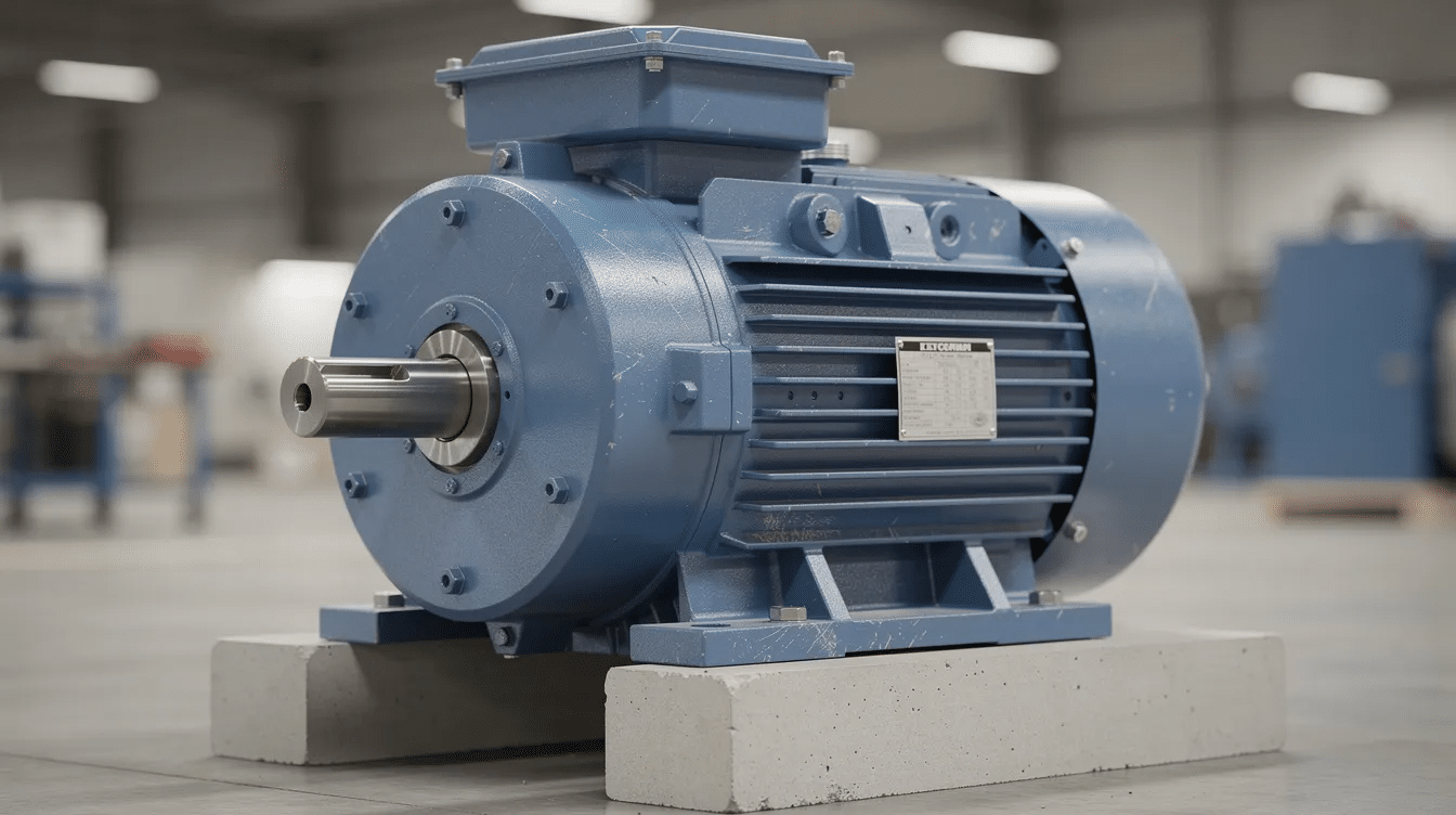 The image depicts a large industrial electric motor with a blue painted housing, firmly mounted on a concrete base, representing a key component in electrical systems used for converting electrical energy into mechanical power for various applications. This electric motor exemplifies the vital role of electrical engineering in powering industrial machinery and maintaining modern civilization.