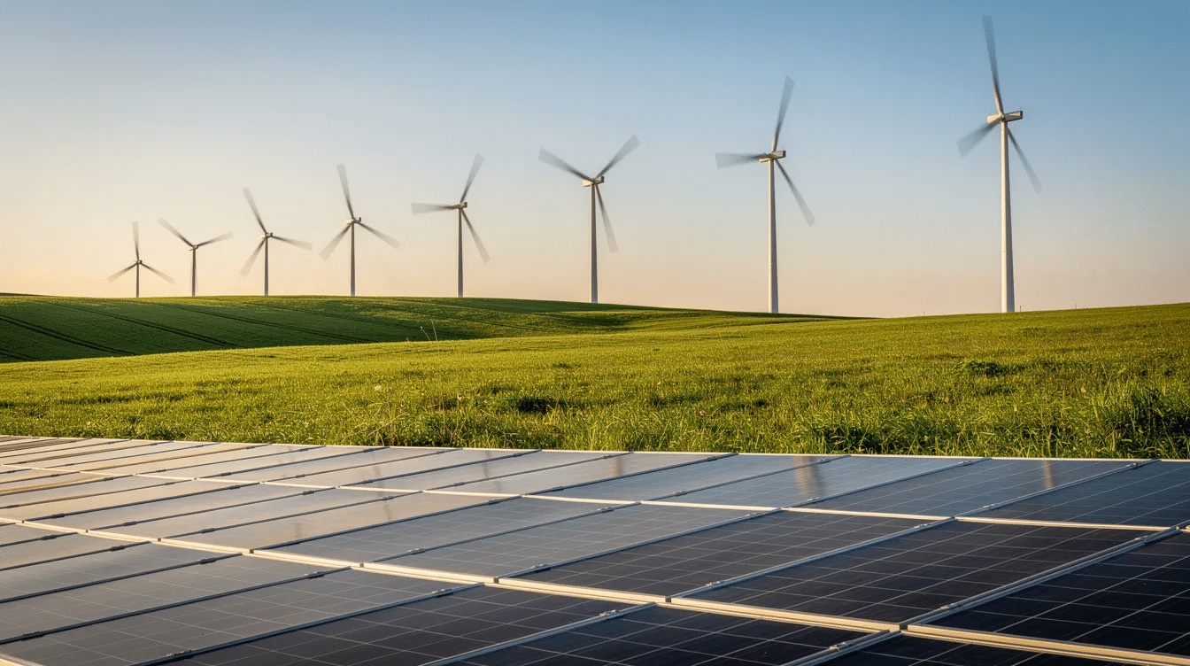 The image depicts a row of modern wind turbines standing tall in a lush green field, with clear skies overhead. In the foreground, solar panels capture sunlight, highlighting the integration of renewable energy sources, such as solar and wind power, essential for sustainable electrical energy production.