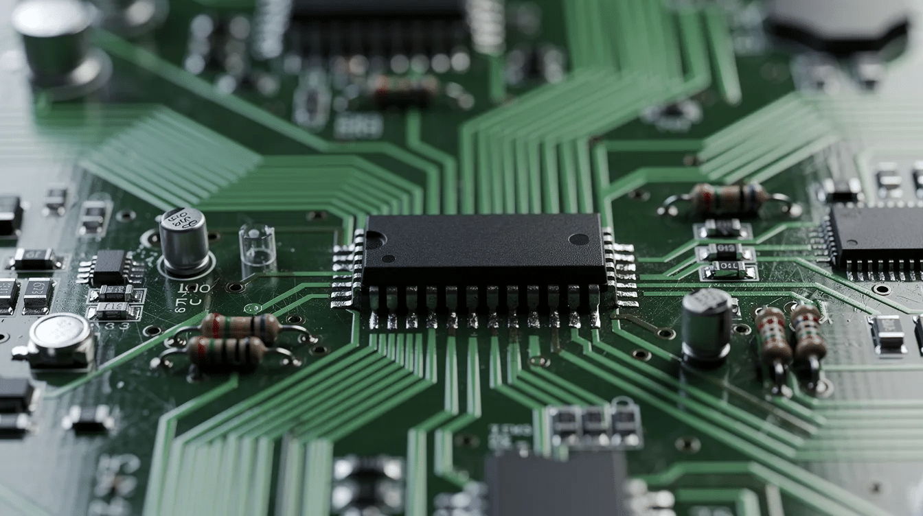 The image features a close-up view of a green printed circuit board (PCB) populated with various electrical components, such as resistors and capacitors, essential for building electronic circuits. This intricate assembly represents the foundational technology that electrical engineers design to manage electric current and power systems in modern electronics.