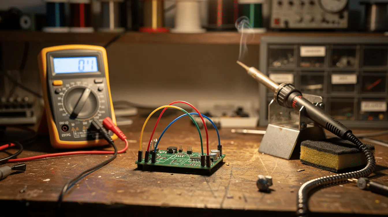 The image depicts an electronics workbench featuring a multimeter, a soldering iron, and a small circuit board adorned with colorful wires, illustrating the tools commonly used by electrical engineers to design and analyze electrical circuits. This setup highlights the essential components and test equipment involved in electrical engineering, emphasizing the importance of safe practices and precise measurements in working with electric current.