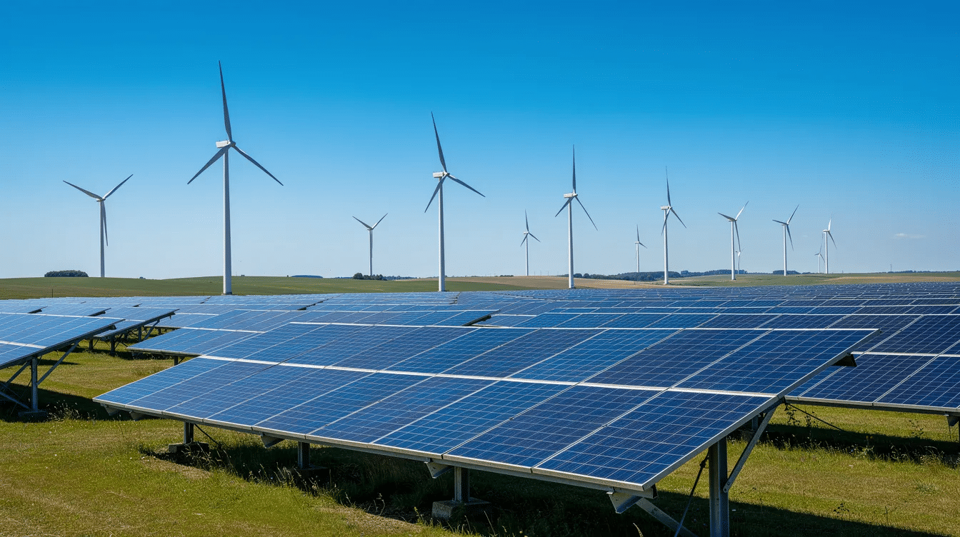 A large solar panel array is positioned alongside several wind turbines, all set against a clear blue sky in an open field, showcasing renewable energy sources that contribute to electrical power generation and sustainable electrical systems. This image highlights the integration of solar and wind energy technologies in modern electrical engineering projects.